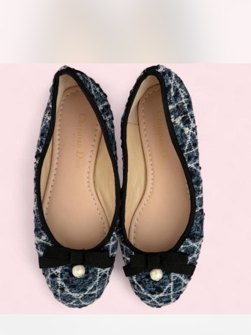 Dior Blue Tweed Bow Flats with Pearl Accent